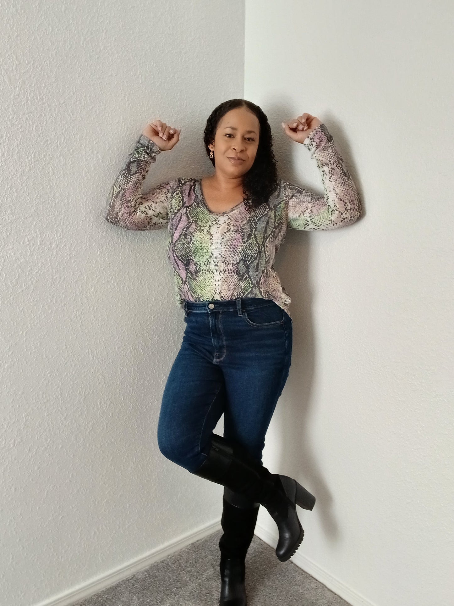 BiBi Snakeskin Print V Neck Top