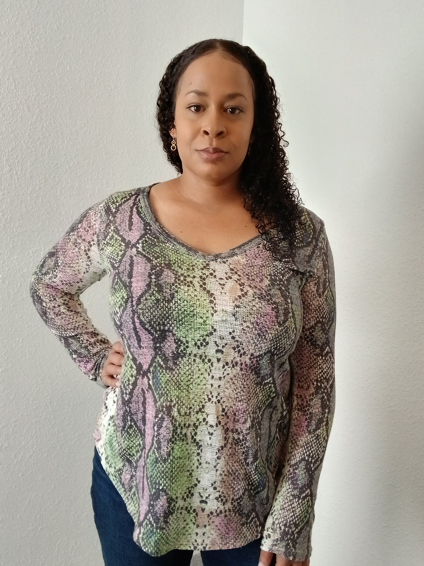 BiBi Snakeskin Print V Neck Top