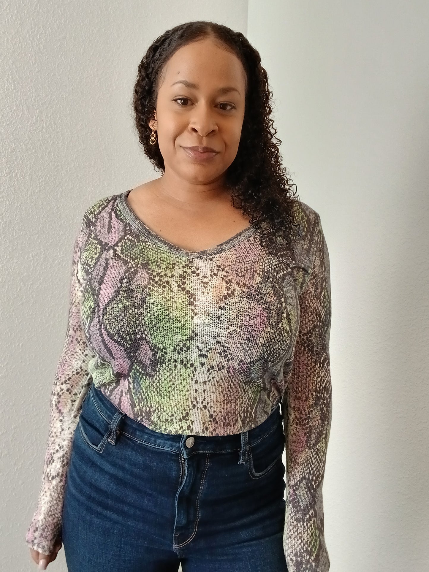 BiBi Snakeskin Print V Neck Top