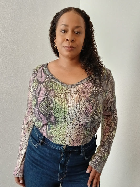 BiBi Snakeskin Print V Neck Top