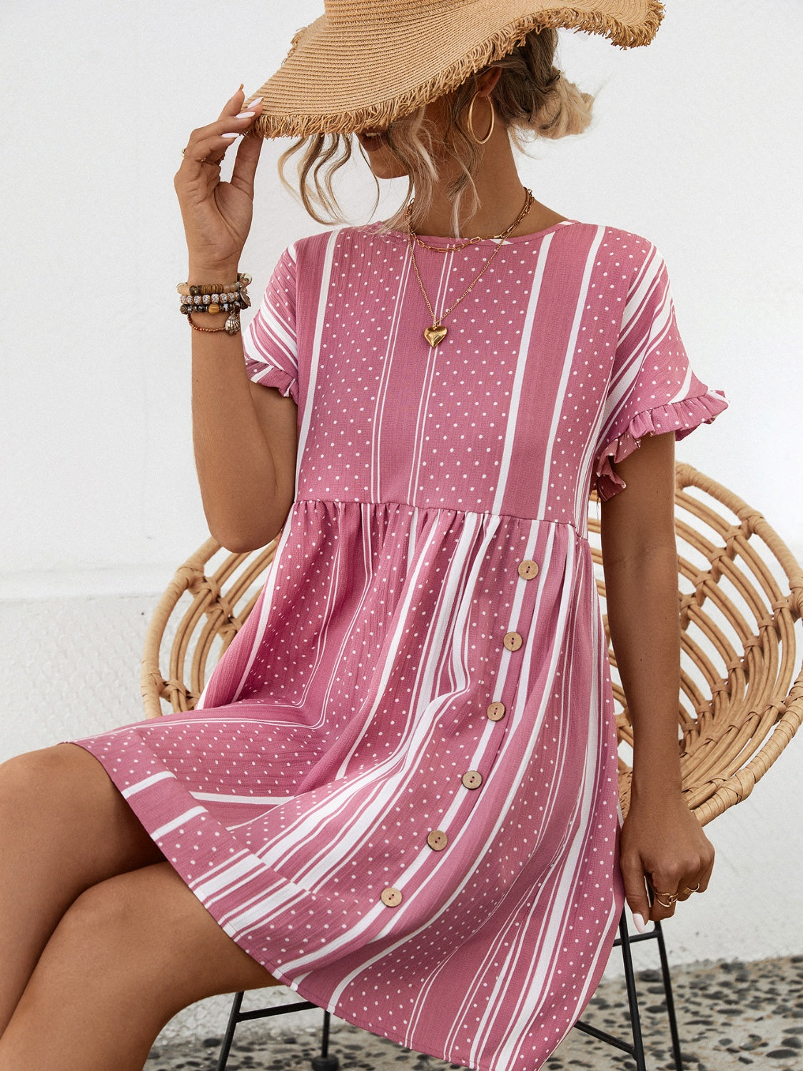 Striped Polka Dot Frill Short Sleeve Mini Dress