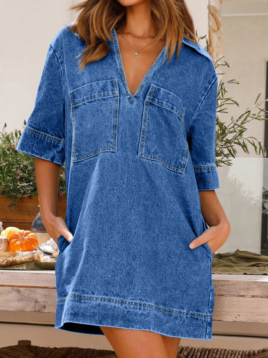 Johnny Collar Half Sleeve Denim Dress