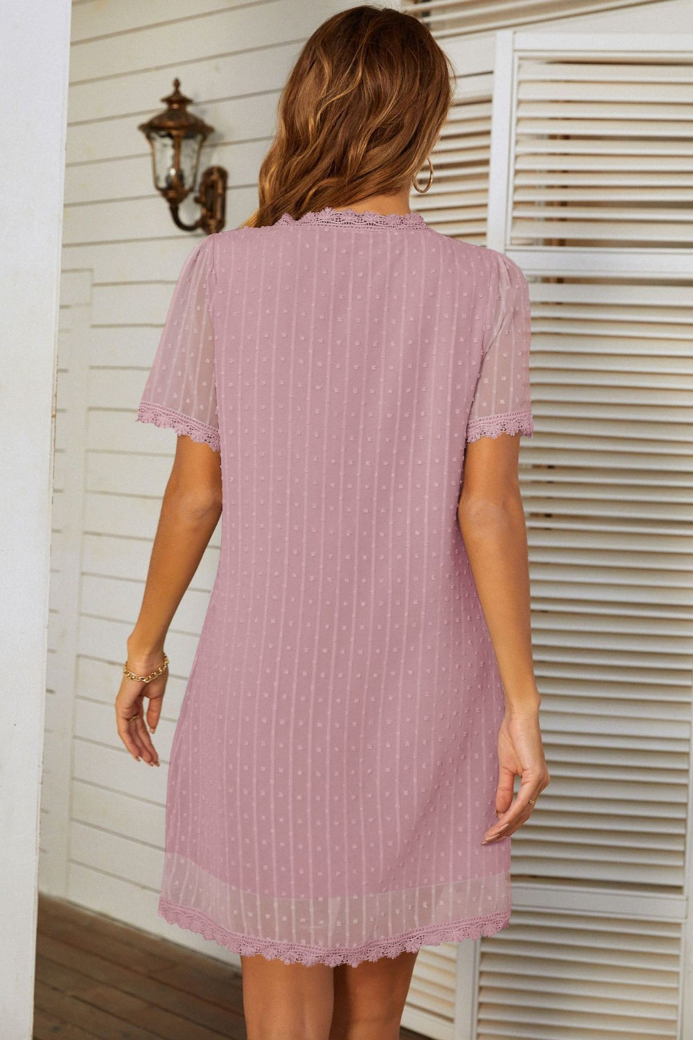 Lace Detail V-Neck Short Sleeve Dress