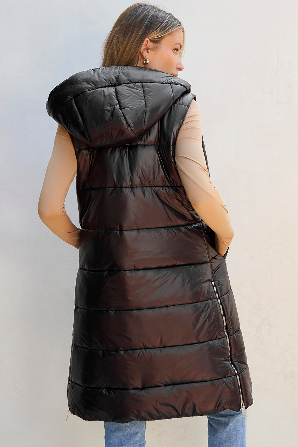 Longline Hooded Puffer Vest Coat