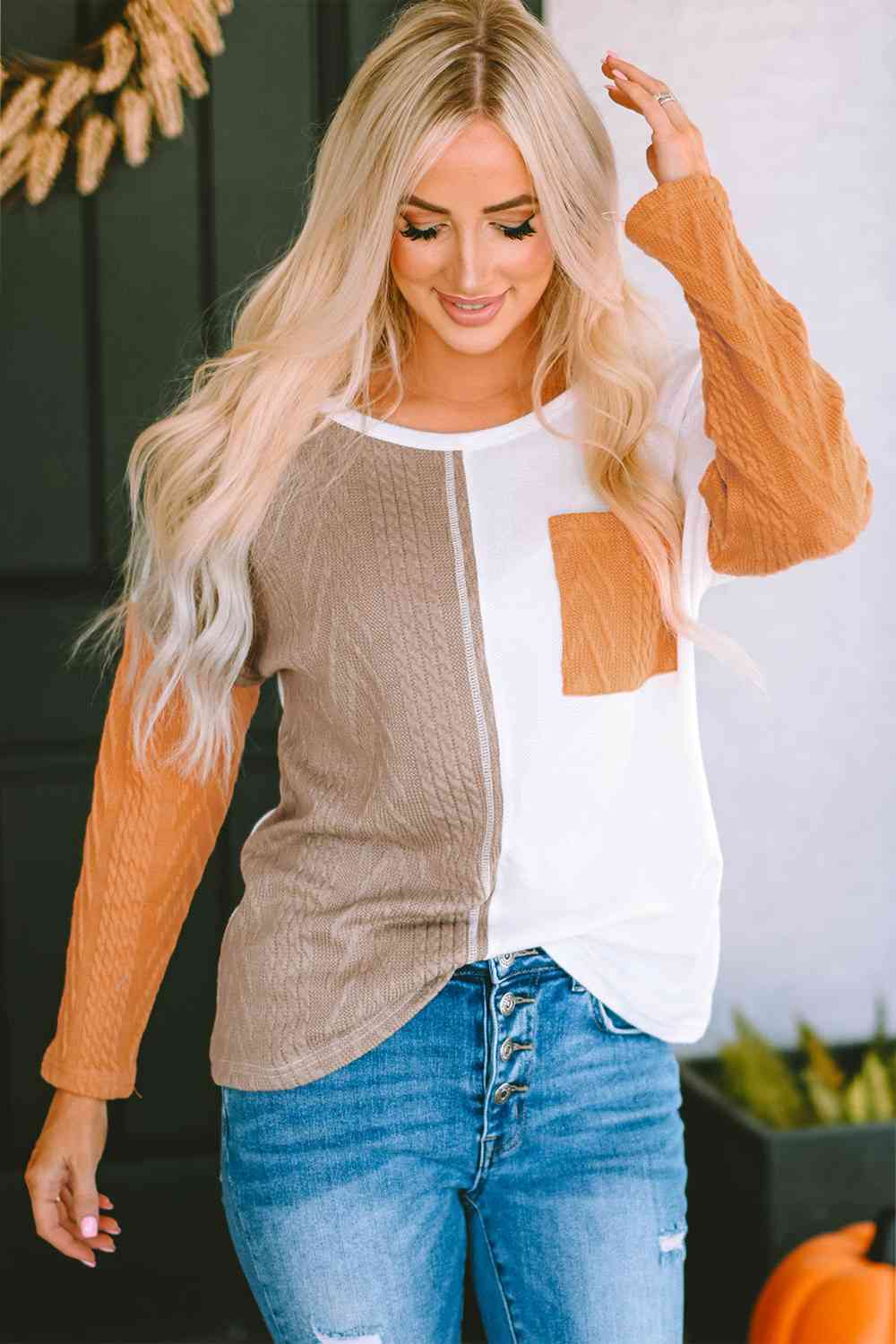 Full Size Color Block Cable-Knit Top