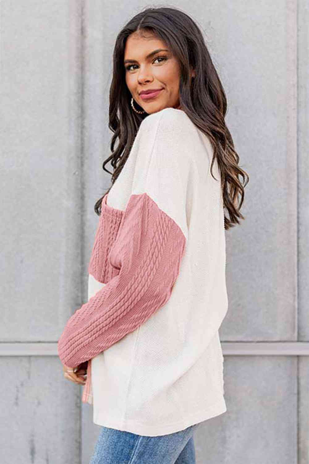 Full Size Color Block Cable-Knit Top