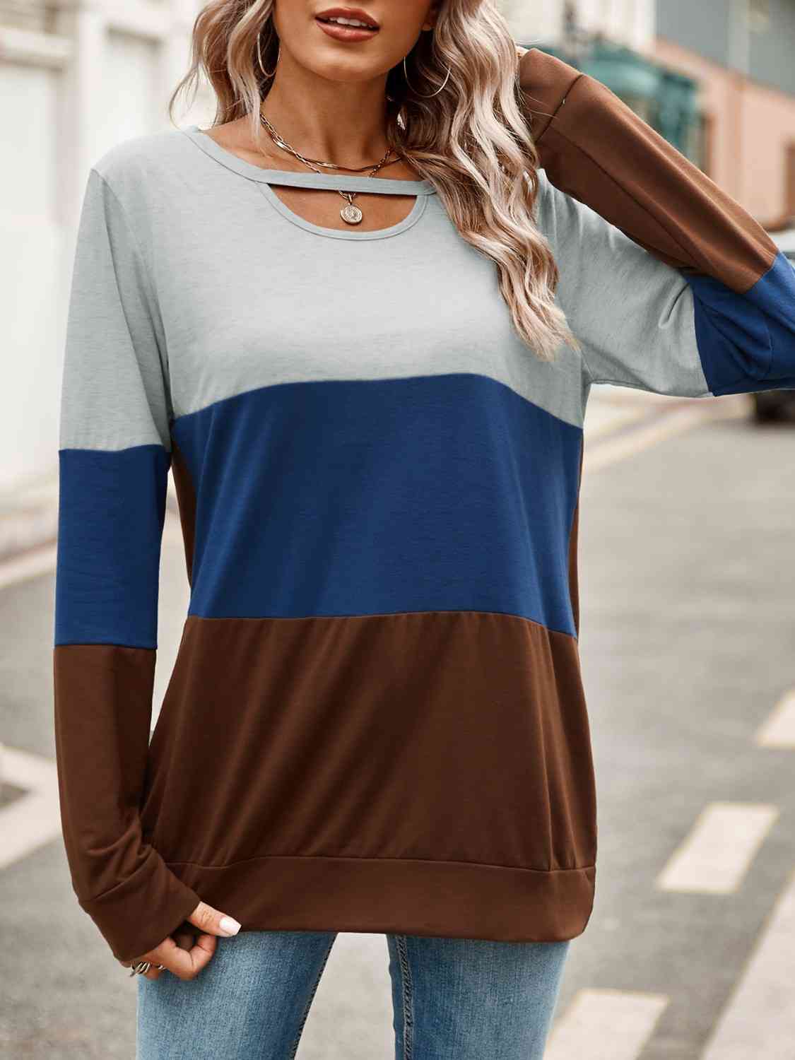 Full Bust Color Block Cutout Long Sleeve T-Shirt