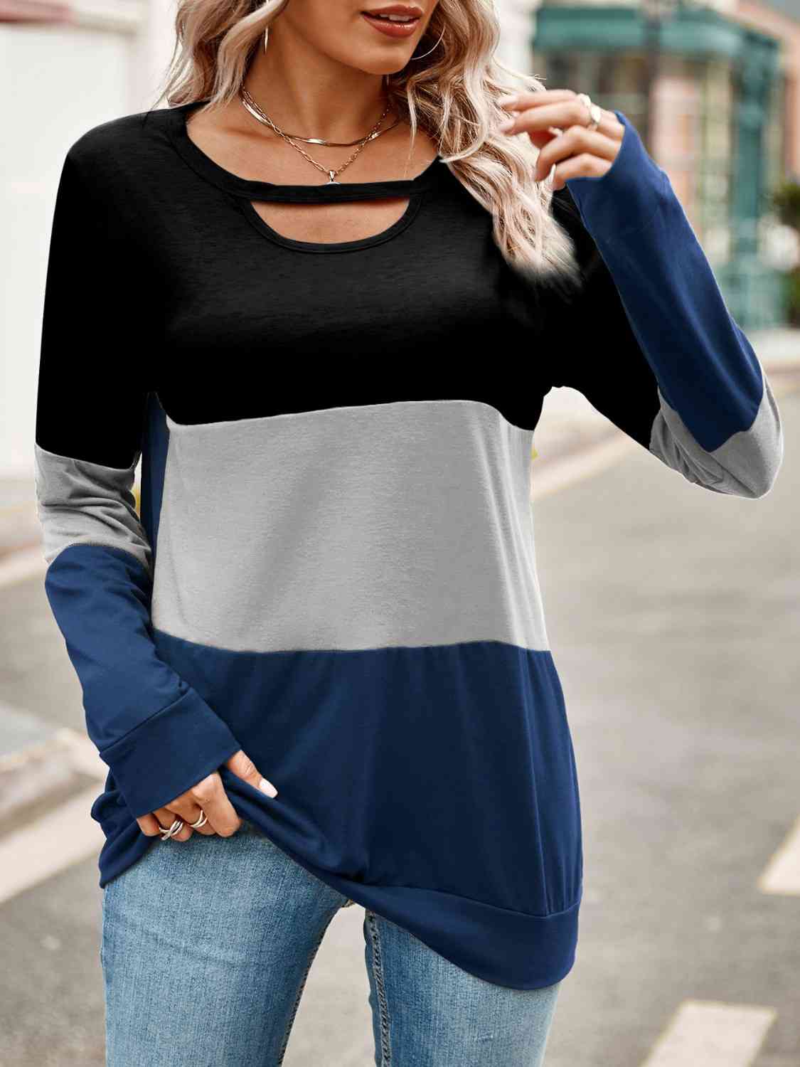 Full Bust Color Block Cutout Long Sleeve T-Shirt