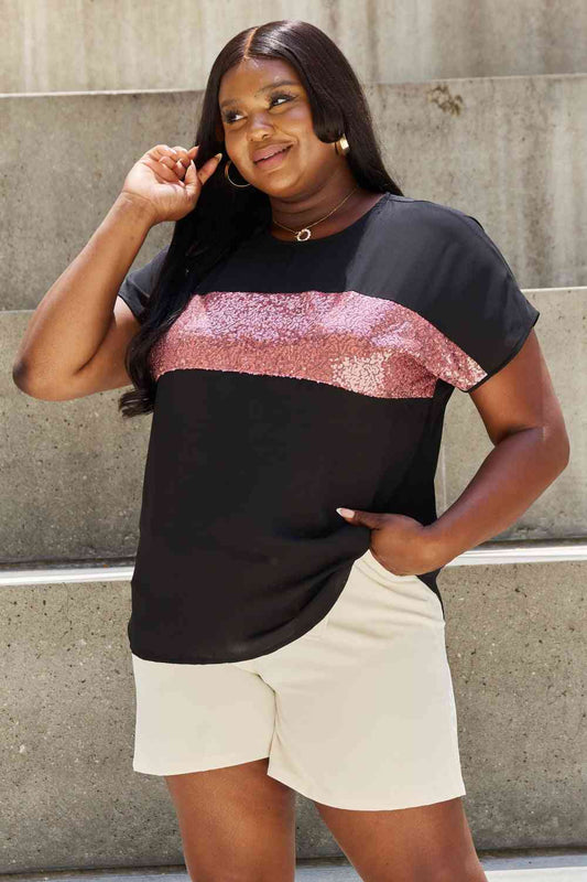 Full Size Center Mesh Sequin Top in Black/Mauve