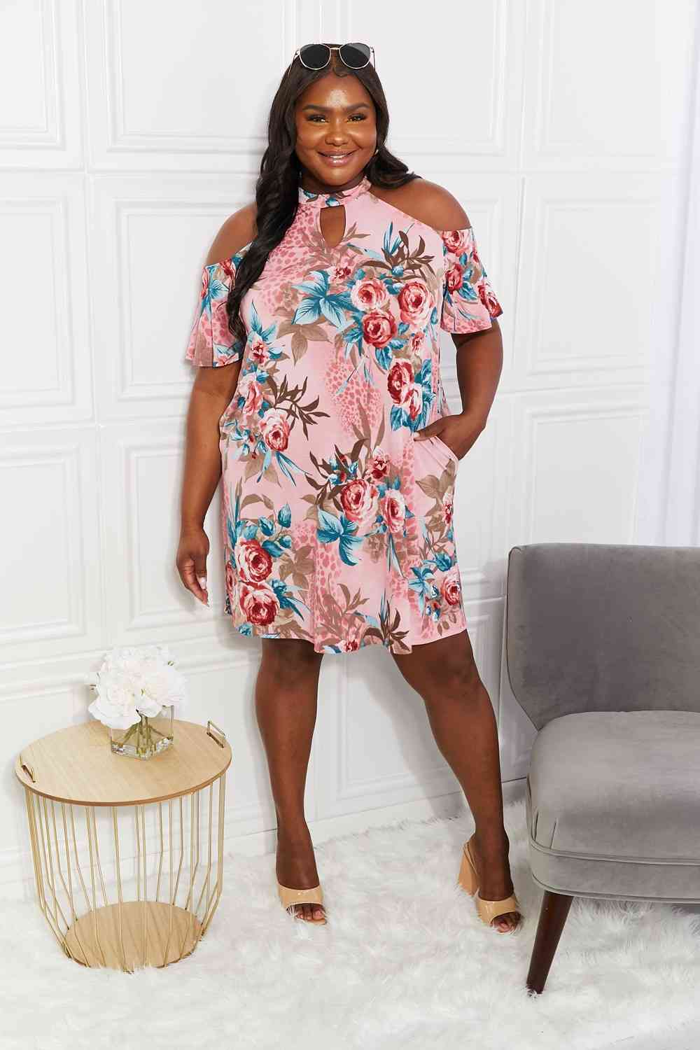 Full Size Flowers Cold-Shoulder Dress