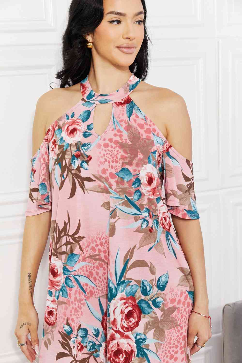 Full Size Flowers Cold-Shoulder Dress