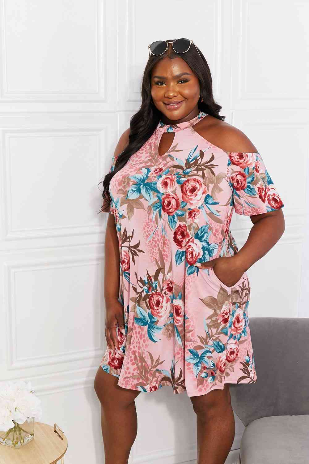 Full Size Flowers Cold-Shoulder Dress