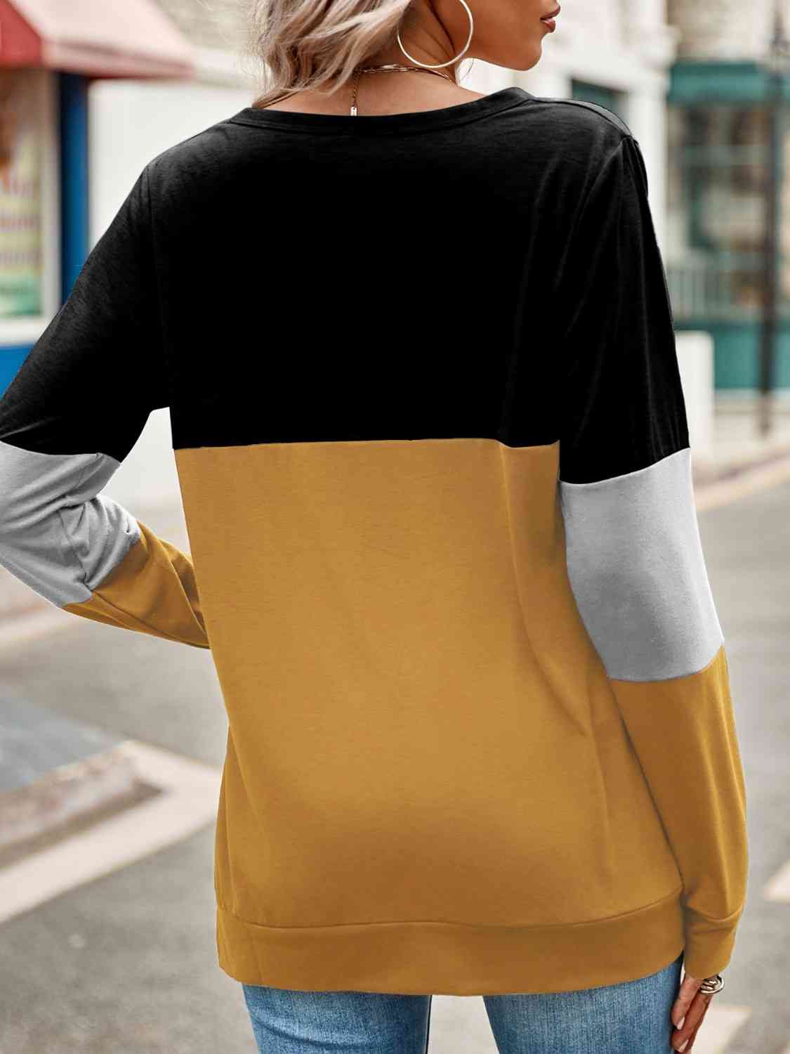 Full Bust Color Block Cutout Long Sleeve T-Shirt