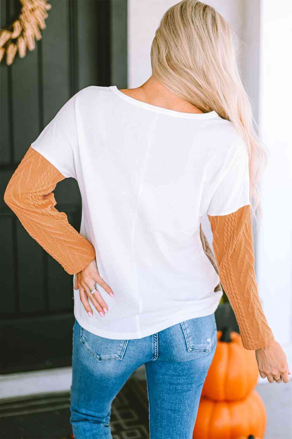 Full Size Color Block Cable-Knit Top