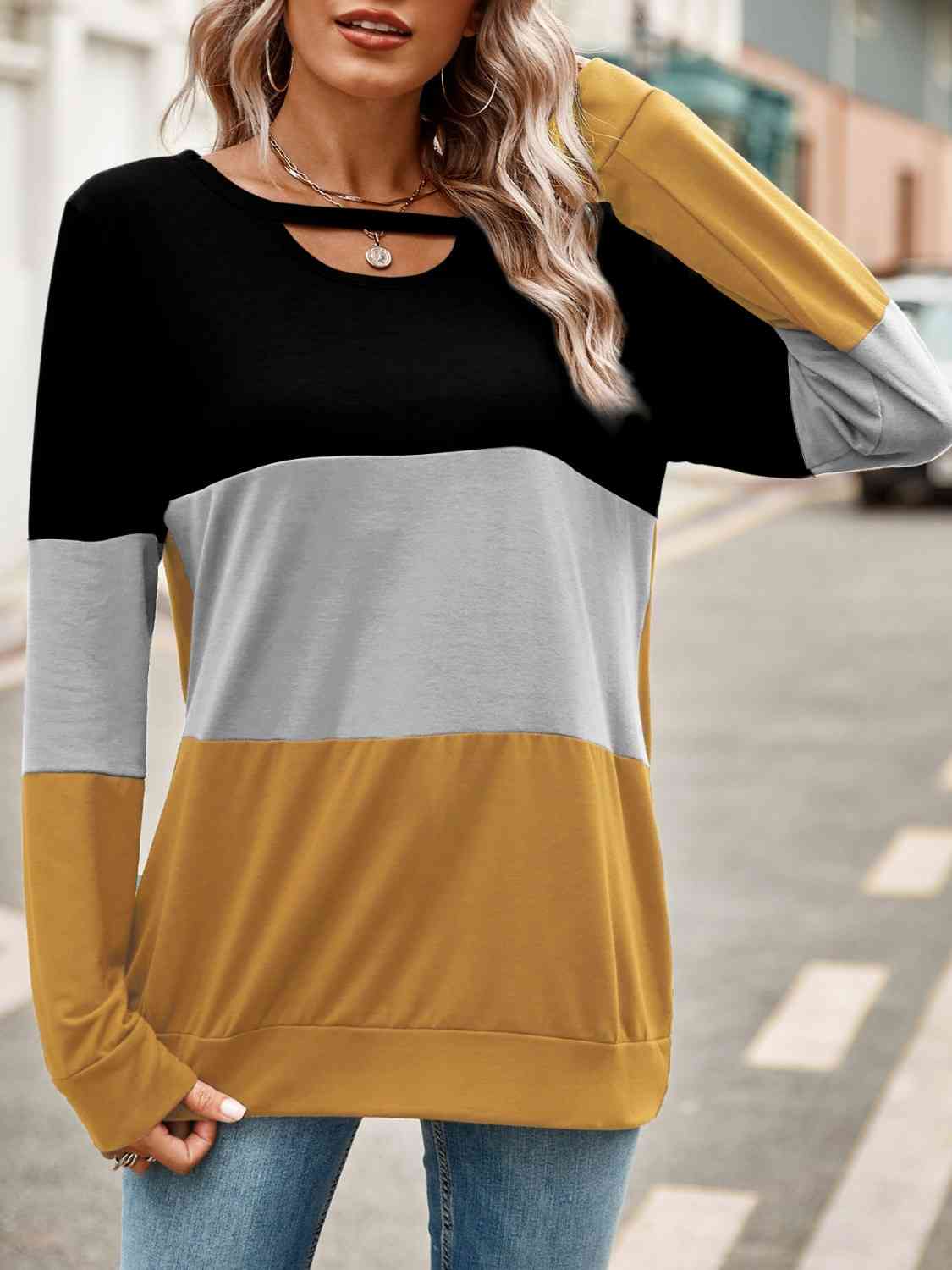 Full Bust Color Block Cutout Long Sleeve T-Shirt