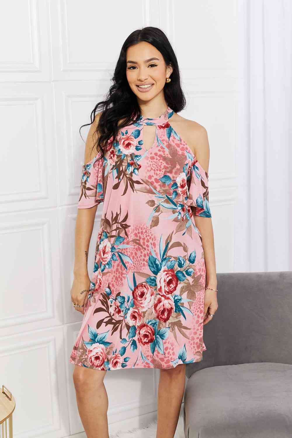 Full Size Flowers Cold-Shoulder Dress