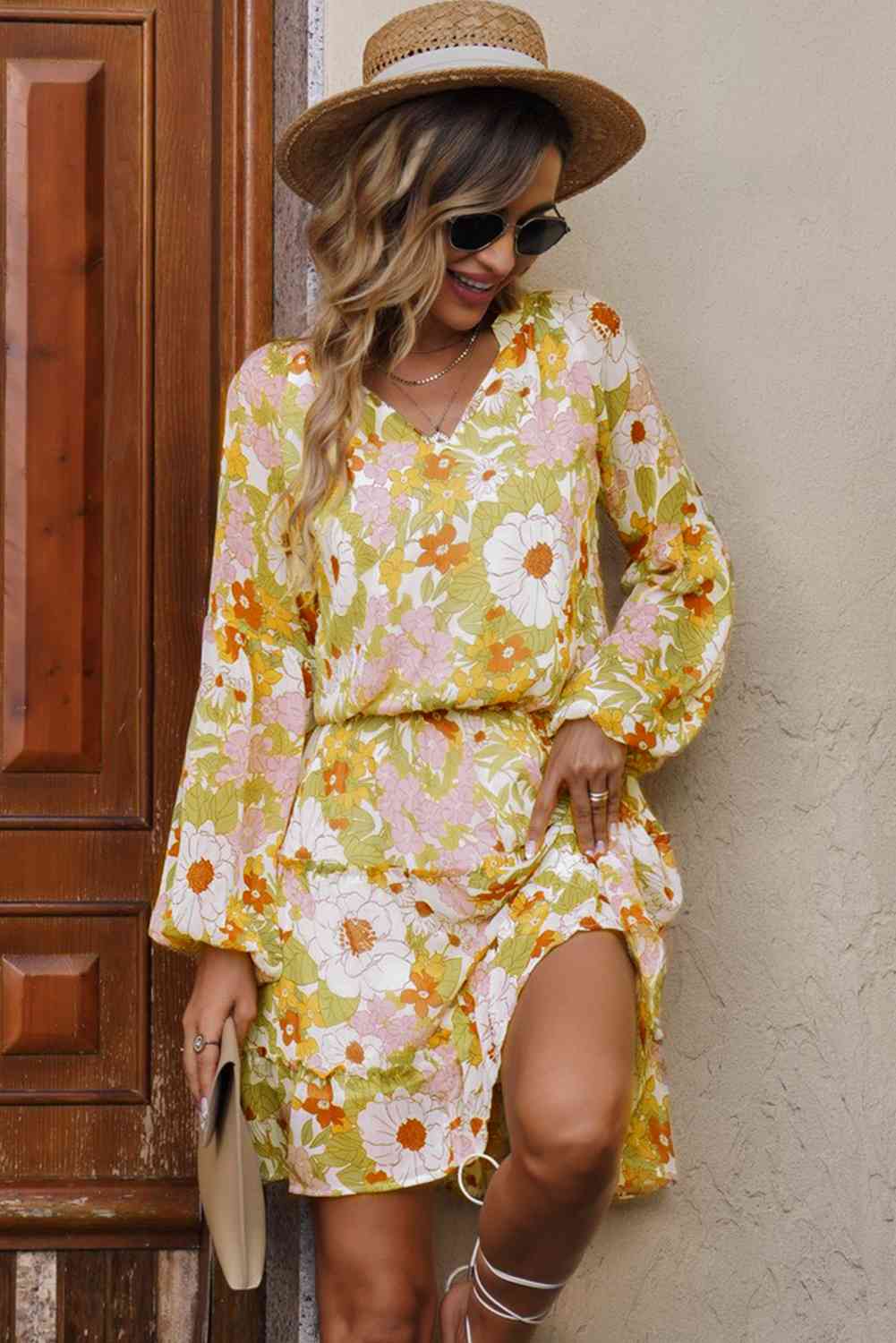 Floral Frill Trim Puff Sleeve Notched Neck Dress