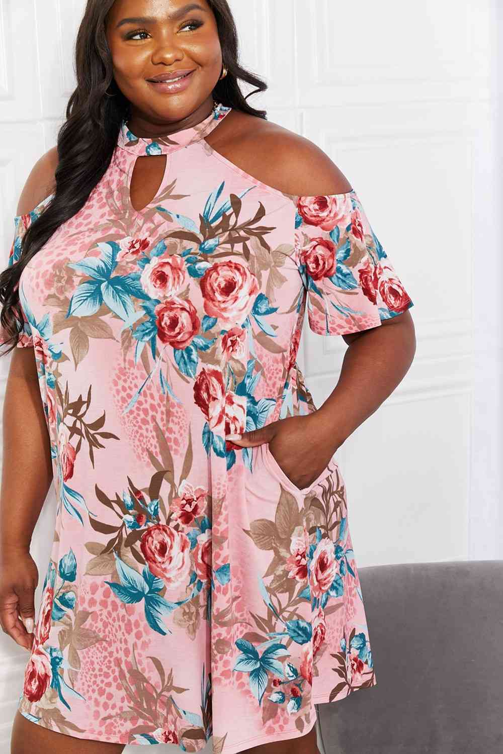 Full Size Flowers Cold-Shoulder Dress