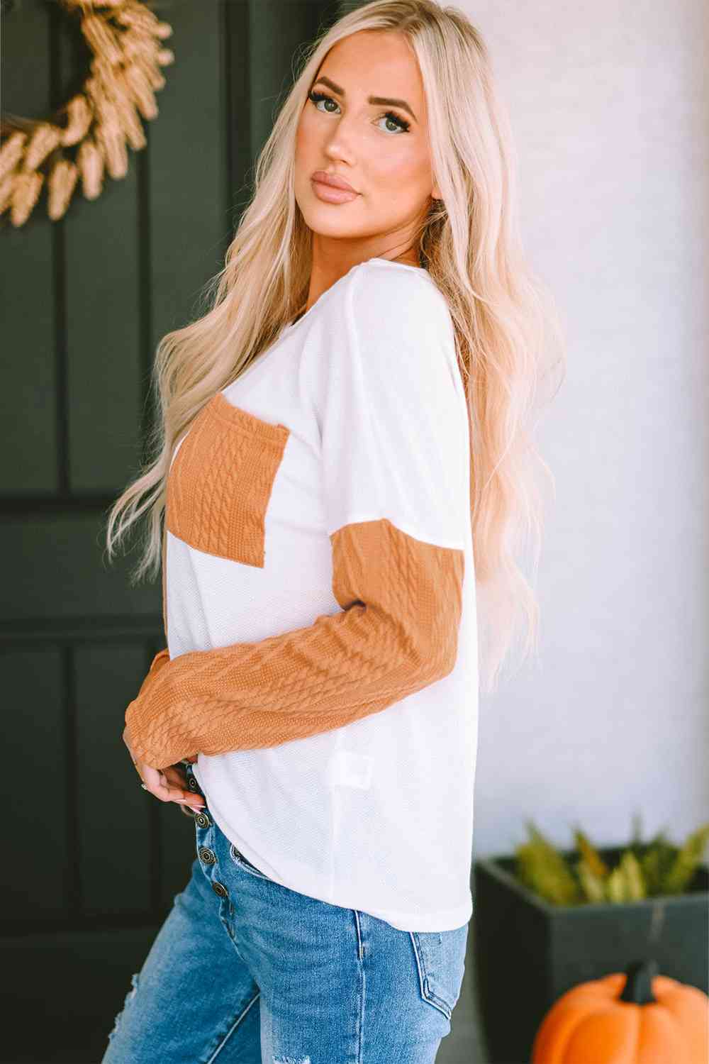 Full Size Color Block Cable-Knit Top