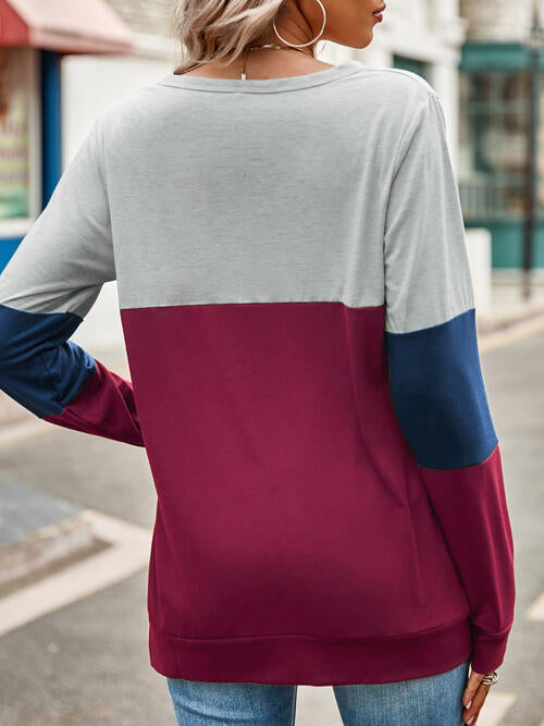 Full Bust Color Block Cutout Long Sleeve T-Shirt