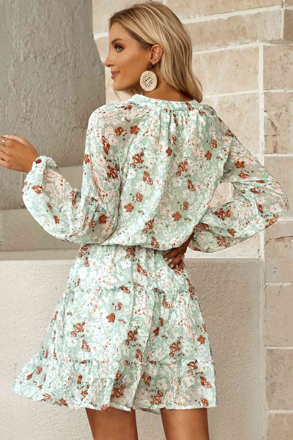 Floral Frill Trim Puff Sleeve Notched Neck Dress