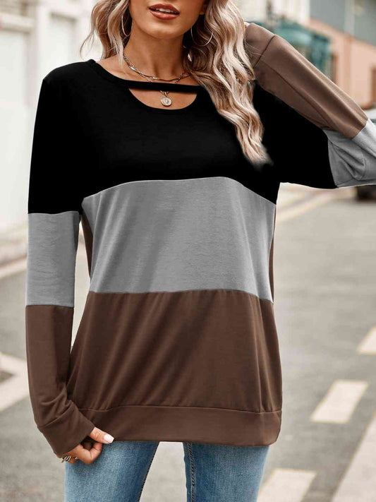 Full Bust Color Block Cutout Long Sleeve T-Shirt