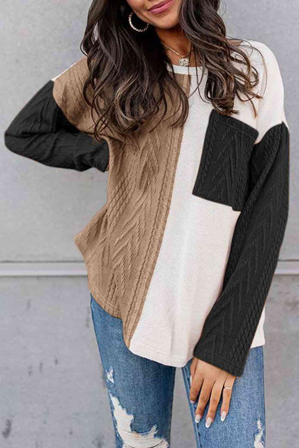 Full Size Color Block Cable-Knit Top