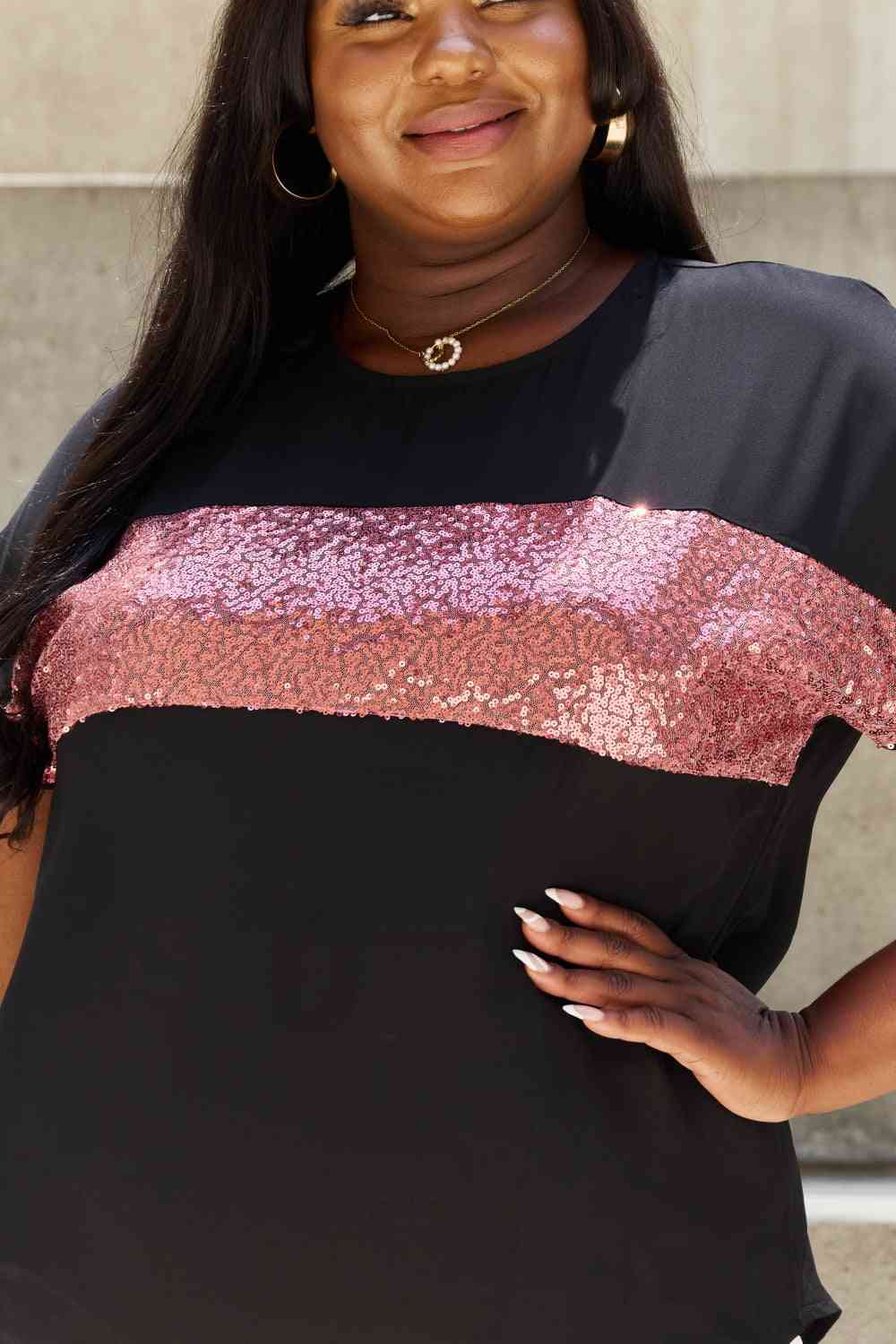 Full Size Center Mesh Sequin Top in Black/Mauve